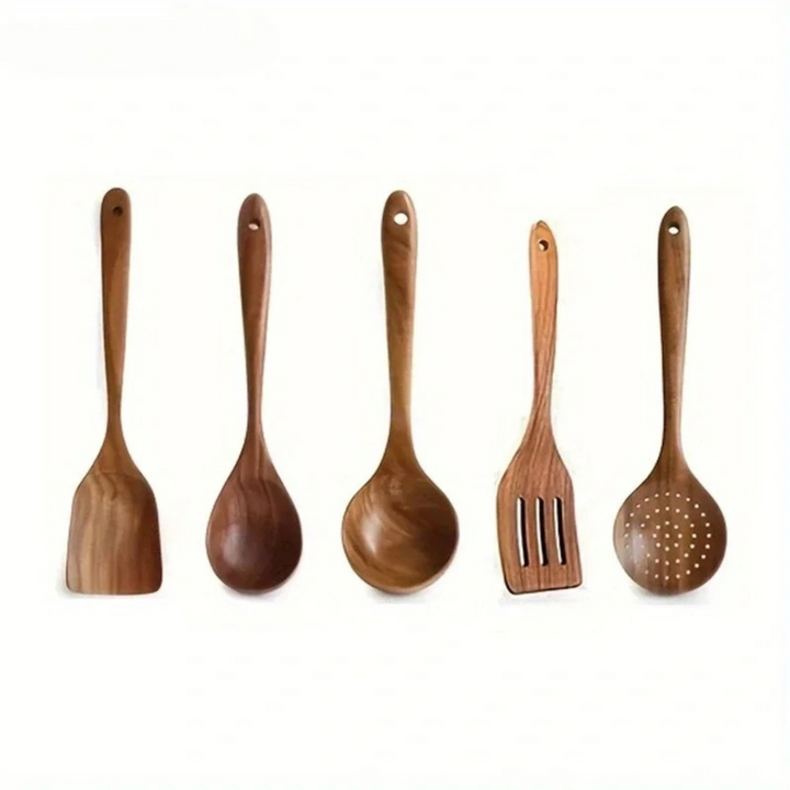 5-Part Kitchen Utensils in Walnut - Rustic Style