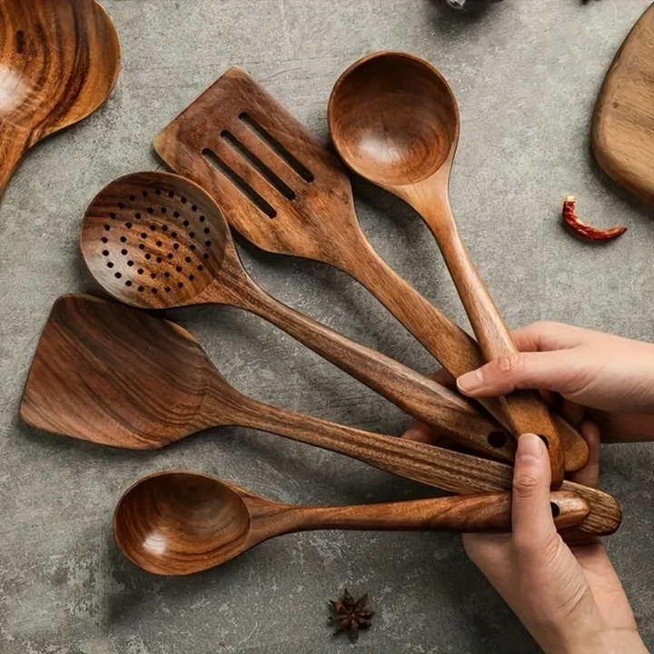 5-Part Kitchen Utensils in Walnut - Rustic Style