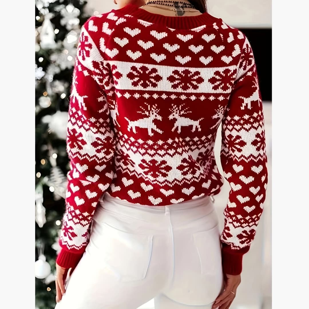 Comfortable Elegant Red Rensdyr Snöfnugg Rundhalströja