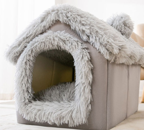 Vikbar kattgrotta och hundkoja med mjuk plysch, S–L