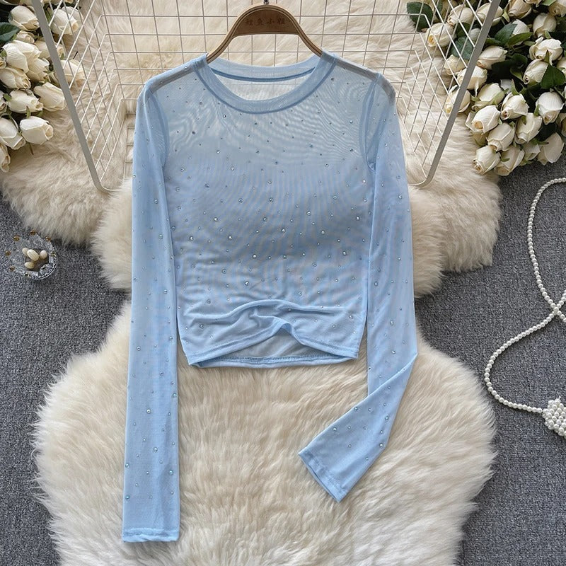 Women Sparkling Long-sleeved Crop Top with Rhinestones