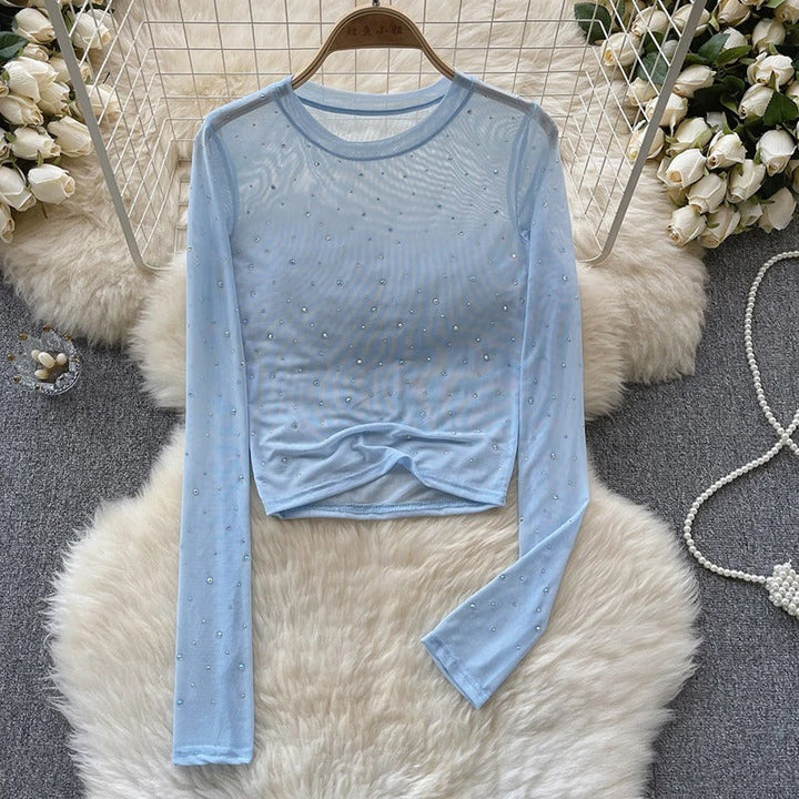 Women Sparkling Long-sleeved Crop Top with Rhinestones