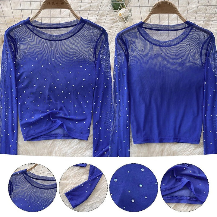 Women Sparkling Long-sleeved Crop Top with Rhinestones