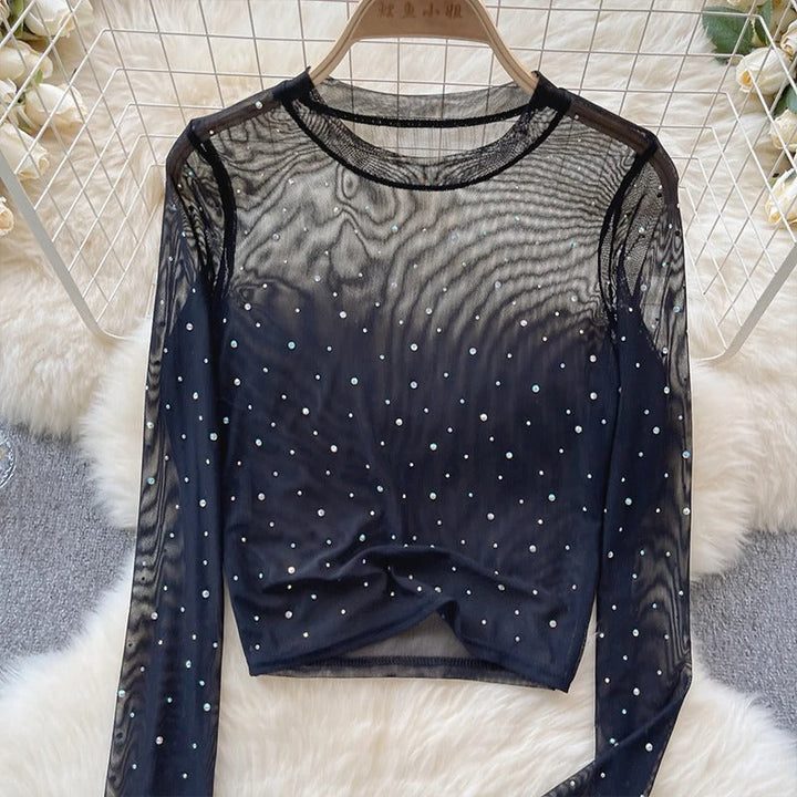 Women Sparkling Long-sleeved Crop Top with Rhinestones