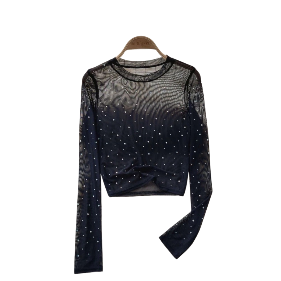 Women Sparkling Long-sleeved Crop Top with Rhinestones