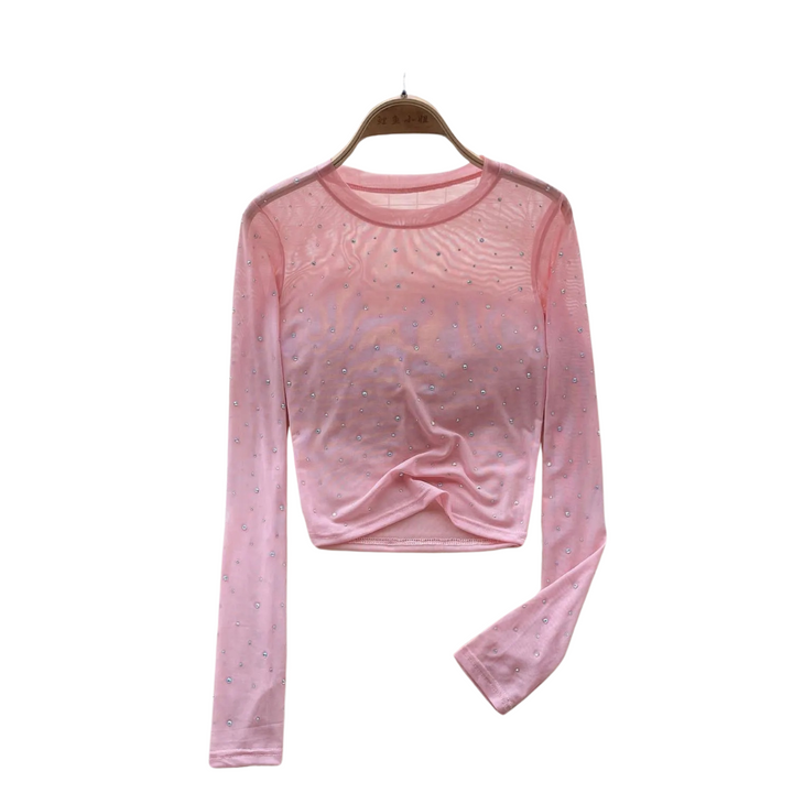 Women Sparkling Long-sleeved Crop Top with Rhinestones