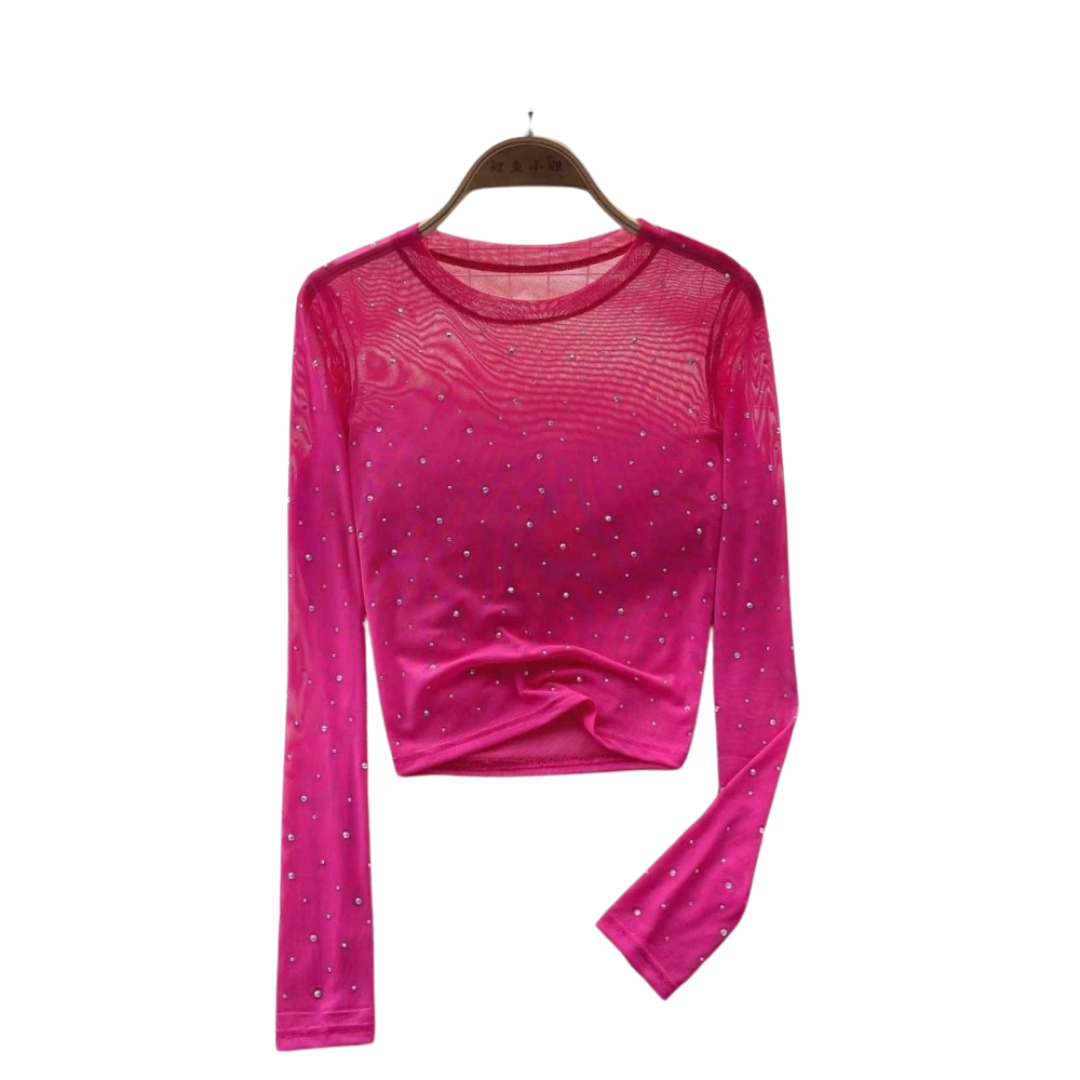 Women Sparkling Long-sleeved Crop Top with Rhinestones