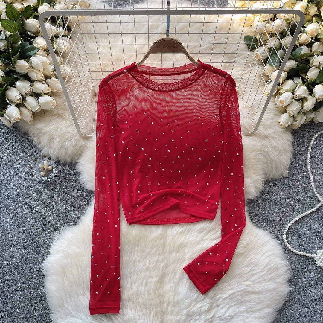 Women Sparkling Long-sleeved Crop Top with Rhinestones