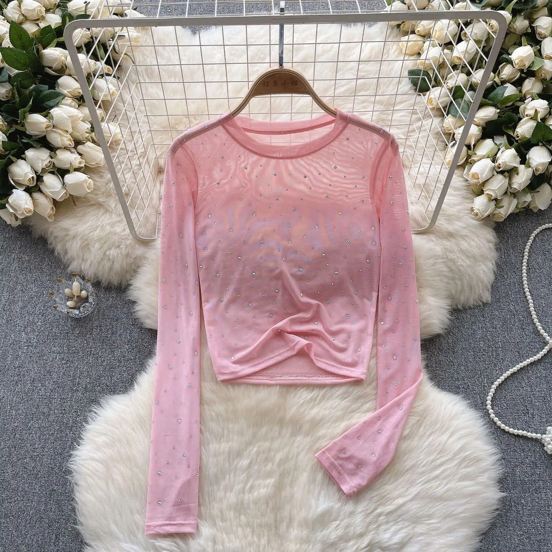 Women Sparkling Long-sleeved Crop Top with Rhinestones