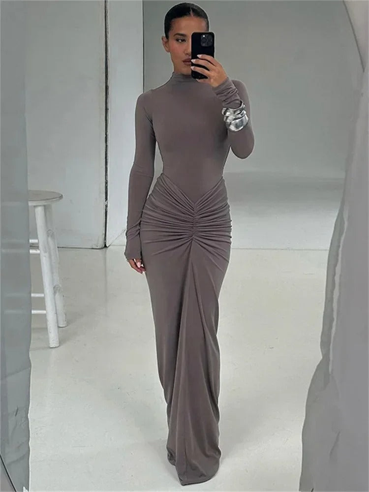 Women Pleated Long-sleeved Festkjole