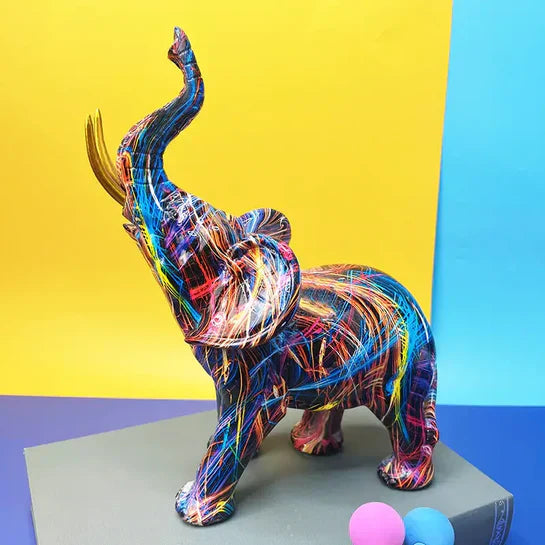 Colourful elephant sculpture hamper decor
