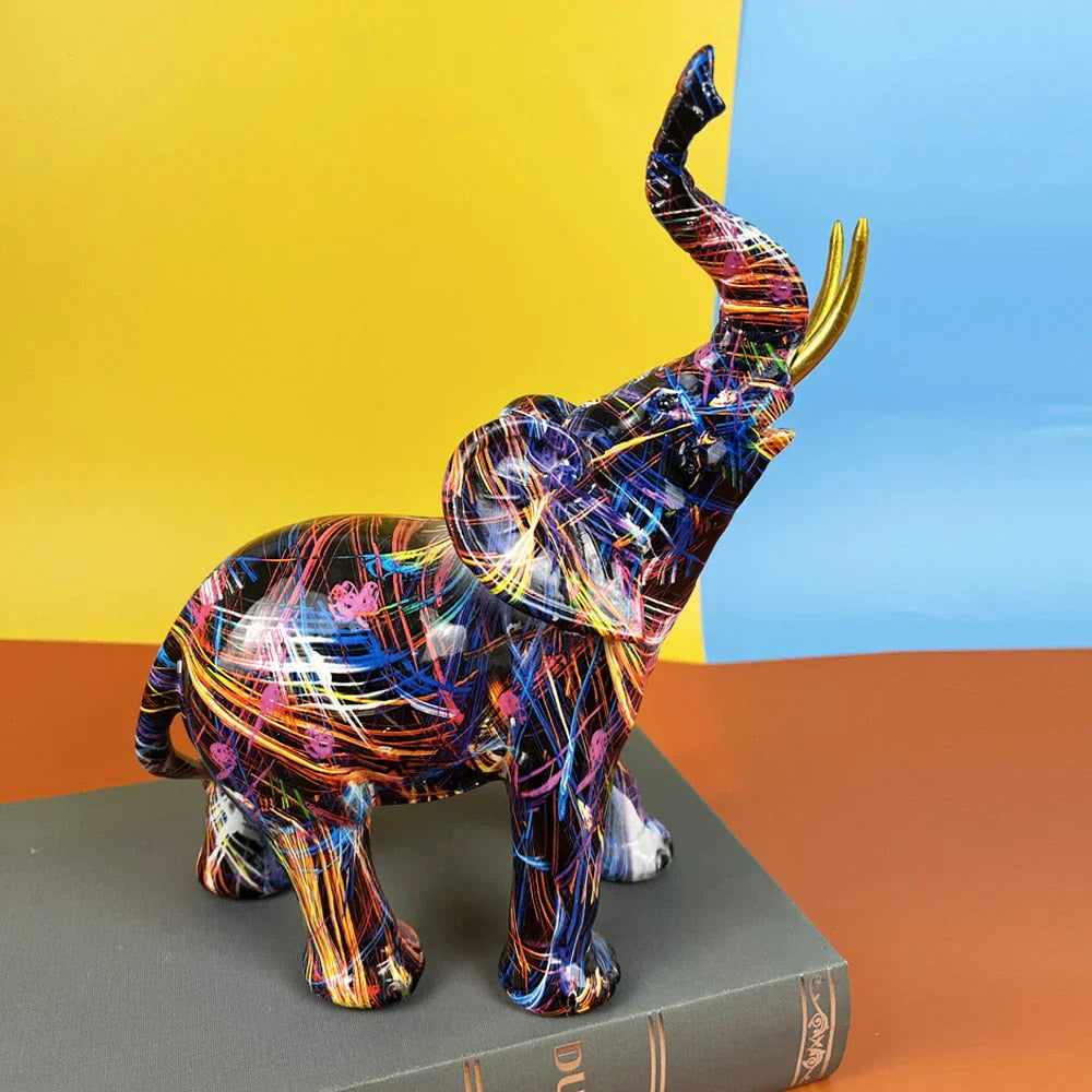 Colourful elephant sculpture hamper decor