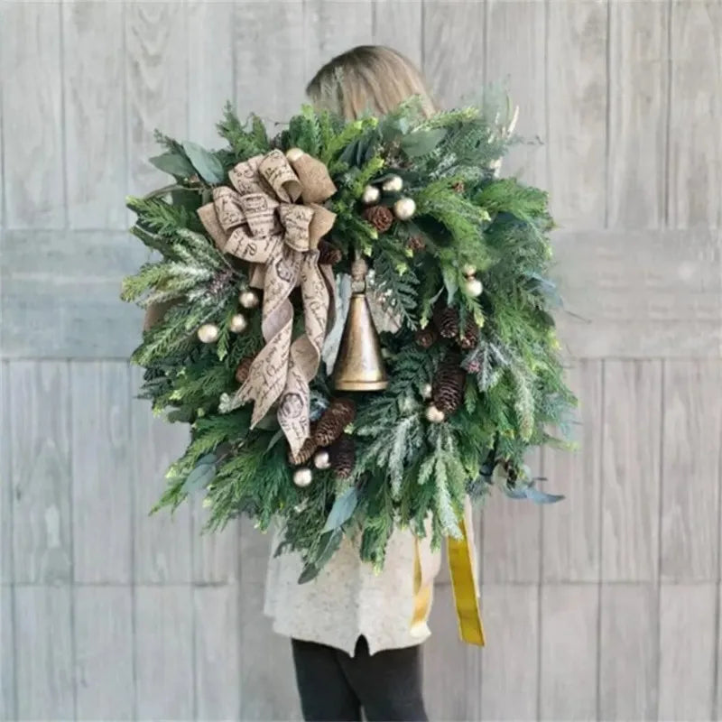Christmas Wreath Door with Pine Cones and Jute Bow