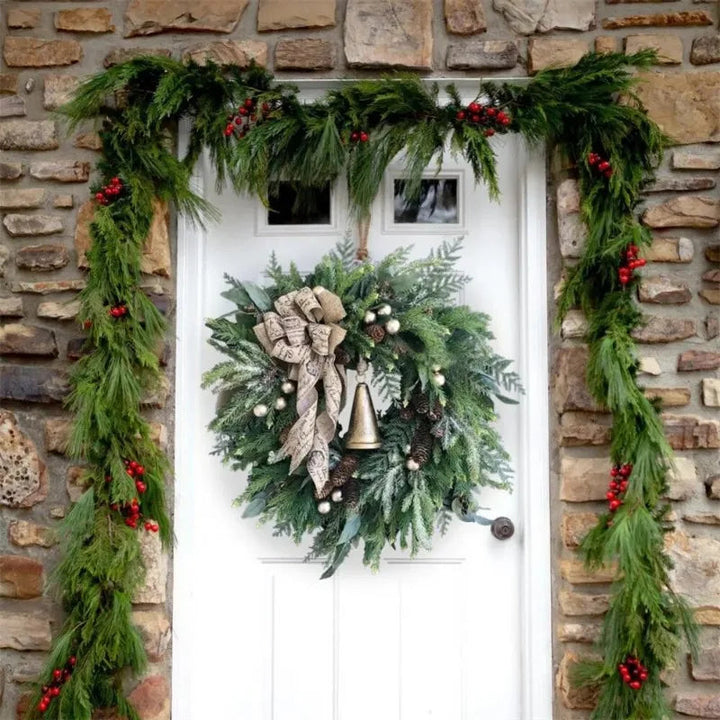 Christmas Wreath Door with Pine Cones and Jute Bow