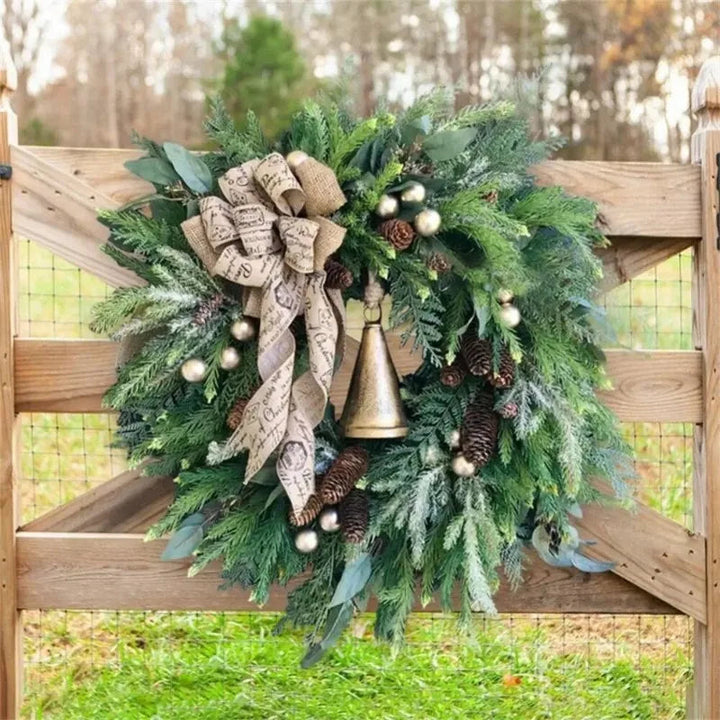 Christmas Wreath Door with Pine Cones and Jute Bow