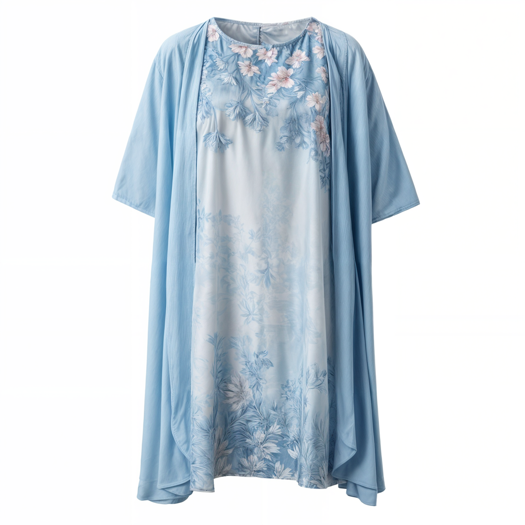 Knee-length woman dress with flower pressure and matc perhaps cardigan