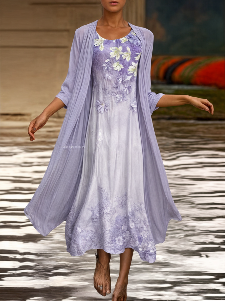 Knee-length woman dress with flower pressure and matc perhaps cardigan