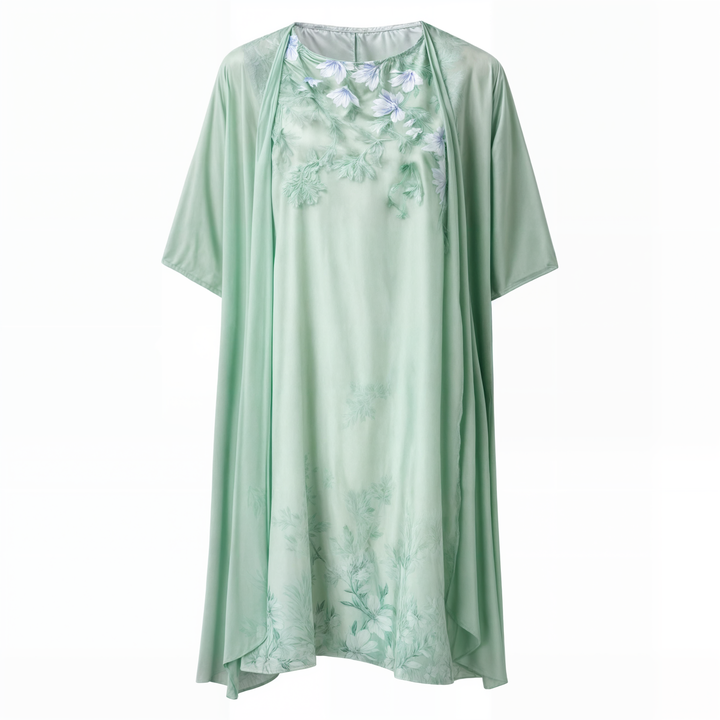 Knee-length woman dress with flower pressure and matc perhaps cardigan